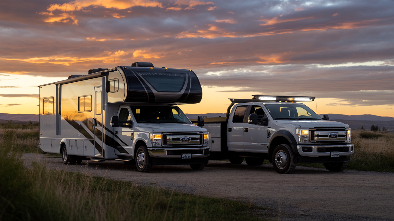 RV motorhome and commercial work truck parked at dusk — Gas Protector locking fuel door prevents fuel theft siphoning and contamination