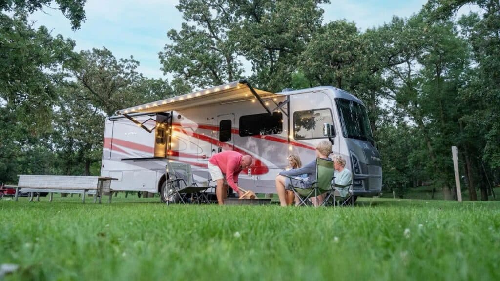 Class A motorhome at campsite protected by The RV Fuel Vault locking fuel door